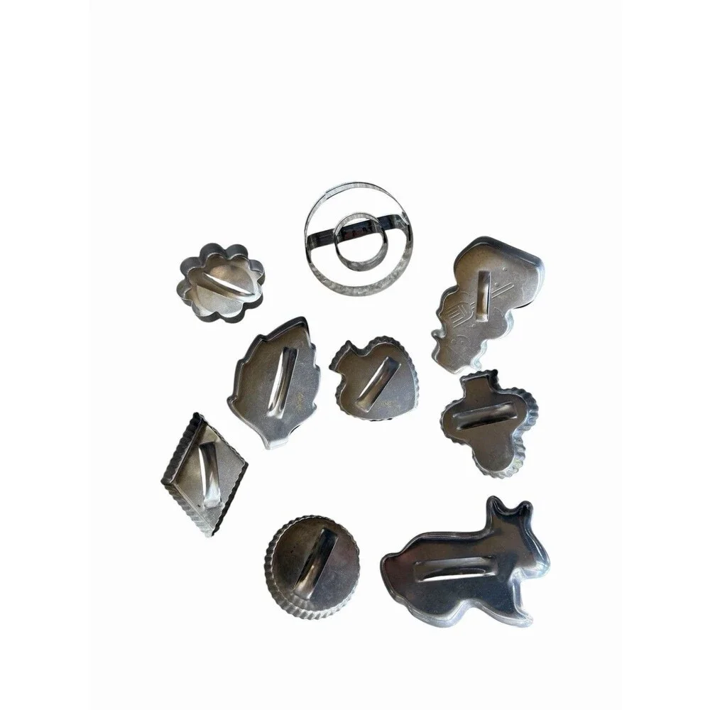 Bundle 9 Vintage Aluminum Cookie Cutters with Handles Donuts Crimped Edges